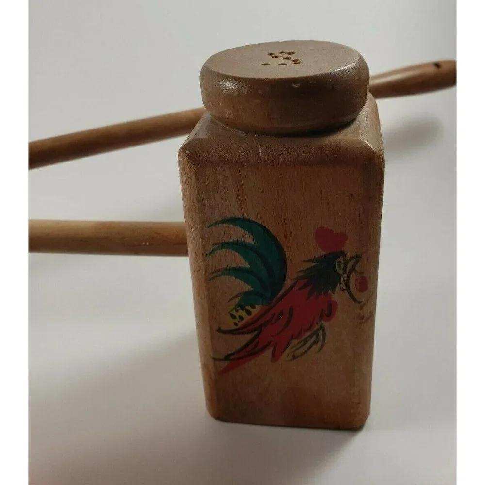Vintage Mid Century Two Sets Wooden Salt & Pepper Shakers Rooster Chicken 1950s